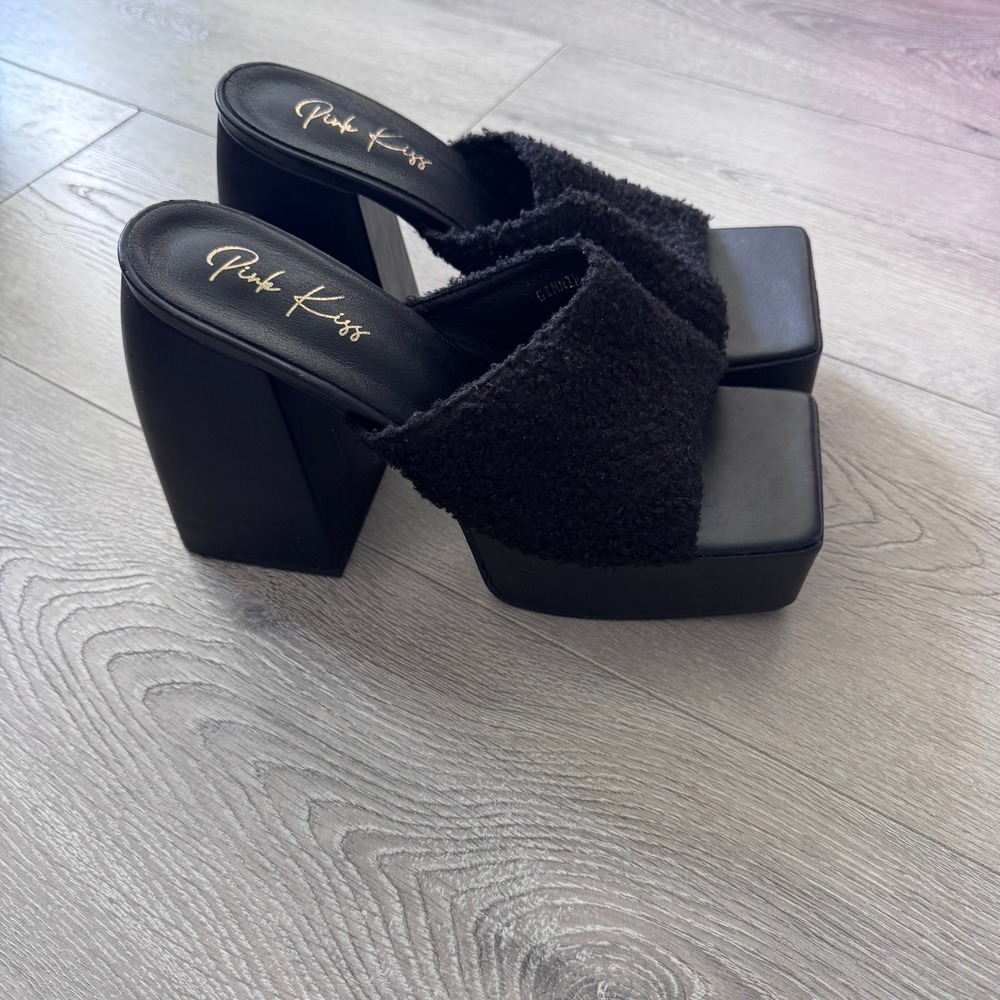 Dolls Kill Pink Kiss Ginnie Black Platform Mule Sandals Size 10 Block Heel